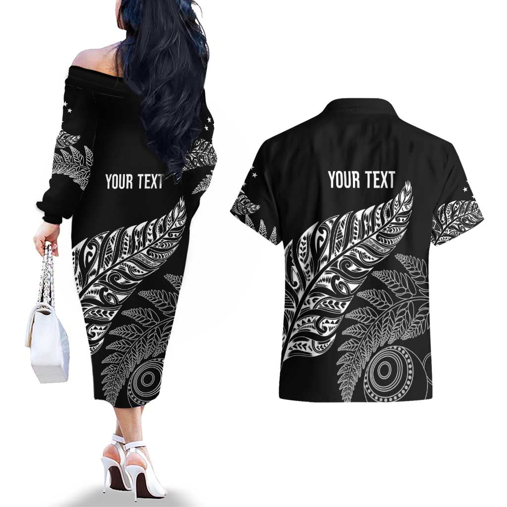 Aotearoa Personalized Lawn Bowls Maori Couples Matching Off The Shoulder Long Sleeve Dress and Hawaiian Shirt New Zealand Black Tribal Silver Fern - Polynesian Pride