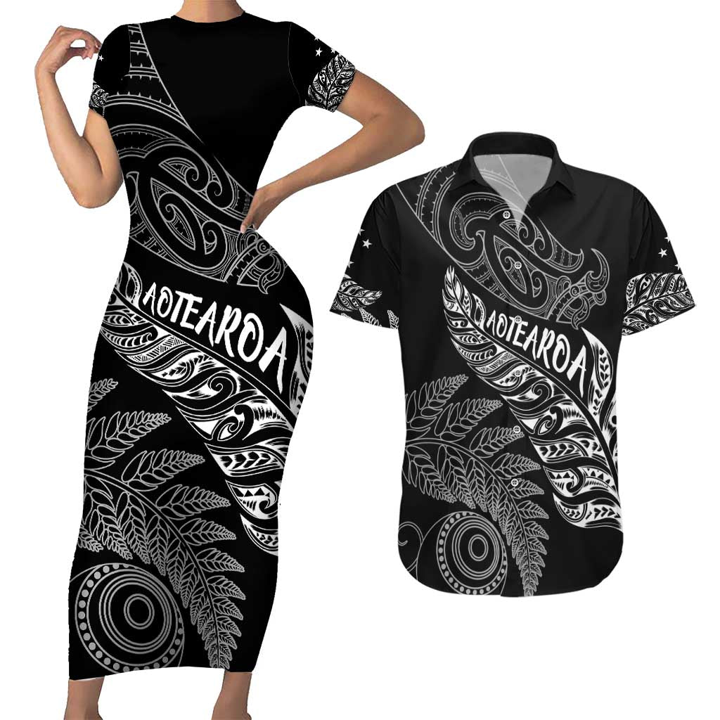 Aotearoa Personalized Lawn Bowls Maori Couples Matching Short Sleeve Bodycon Dress and Hawaiian Shirt New Zealand Black Tribal Silver Fern - Polynesian Pride