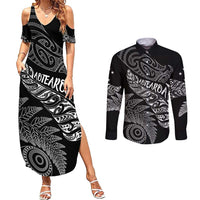 Aotearoa Personalized Lawn Bowls Maori Couples Matching Summer Maxi Dress and Long Sleeve Button Shirt New Zealand Black Tribal Silver Fern - Polynesian Pride