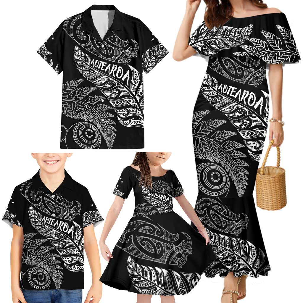 Aotearoa Personalized Lawn Bowls Maori Family Matching Mermaid Dress and Hawaiian Shirt New Zealand Black Tribal Silver Fern - Polynesian Pride