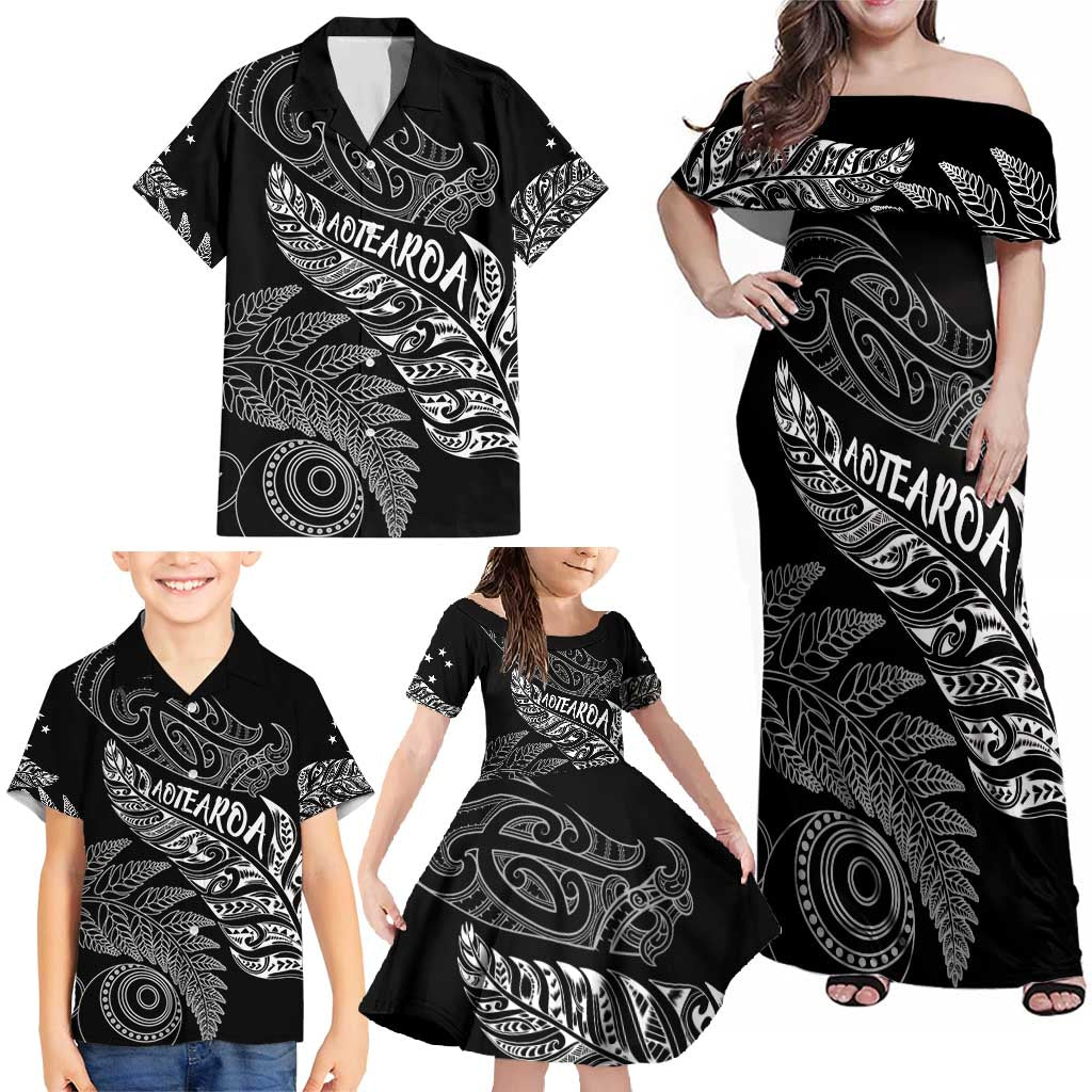 Aotearoa Personalized Lawn Bowls Maori Family Matching Off Shoulder Maxi Dress and Hawaiian Shirt New Zealand Black Tribal Silver Fern - Polynesian Pride