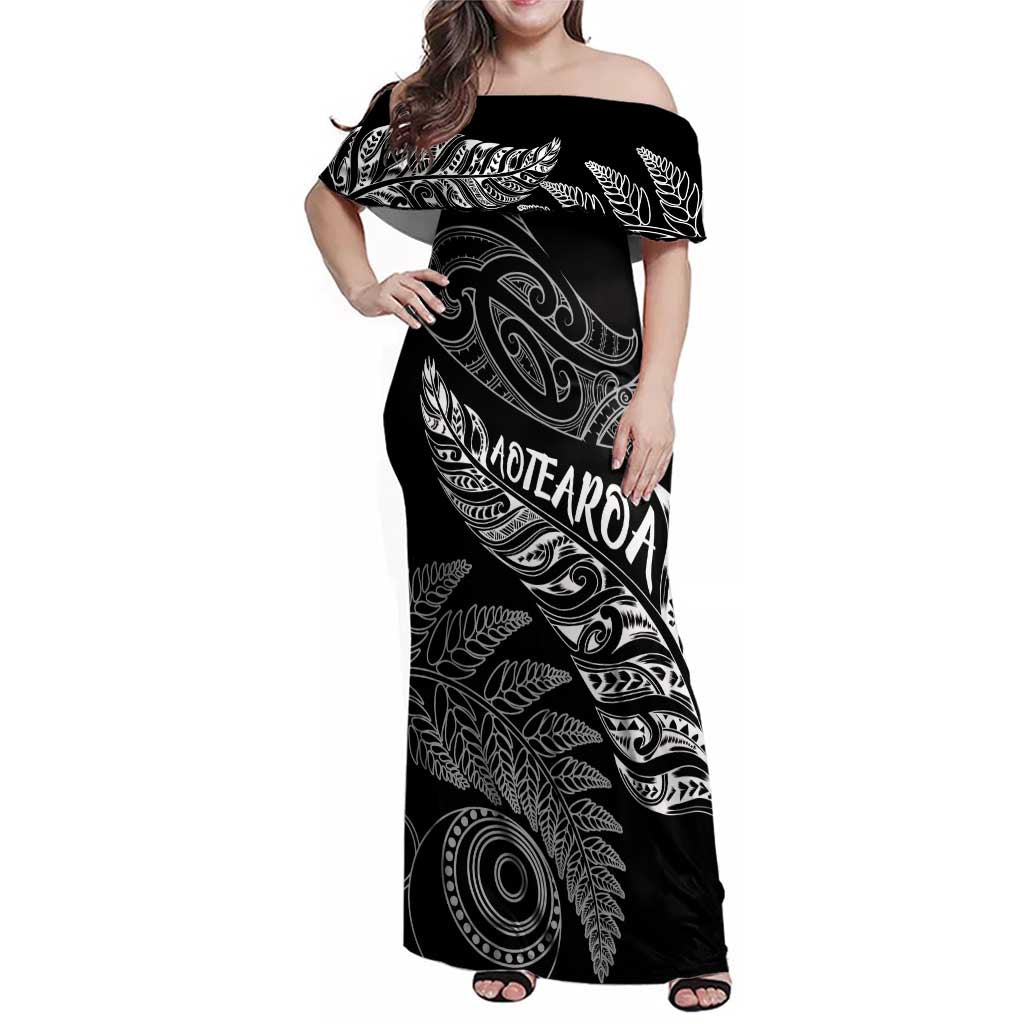 Aotearoa Personalized Lawn Bowls Maori Family Matching Off Shoulder Maxi Dress and Hawaiian Shirt New Zealand Black Tribal Silver Fern - Polynesian Pride
