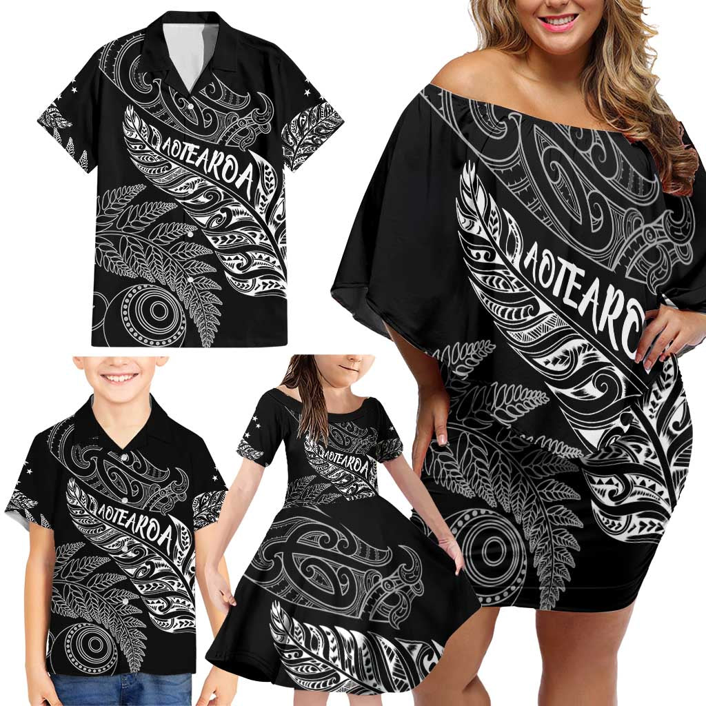 Aotearoa Personalized Lawn Bowls Maori Family Matching Off Shoulder Short Dress and Hawaiian Shirt New Zealand Black Tribal Silver Fern - Polynesian Pride