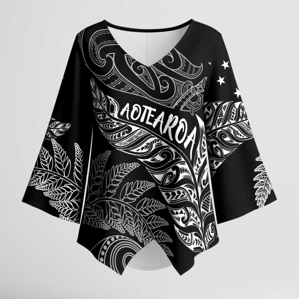 Aotearoa Personalized Lawn Bowls Maori Kimono Sleeve Blouse New Zealand Black Tribal Silver Fern - Polynesian Pride