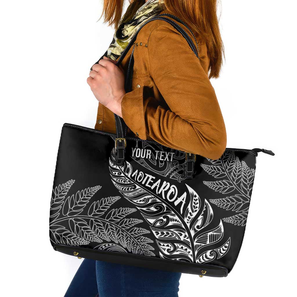 Aotearoa Personalized Lawn Bowls Maori Leather Tote Bag New Zealand Black Tribal Silver Fern - Polynesian Pride