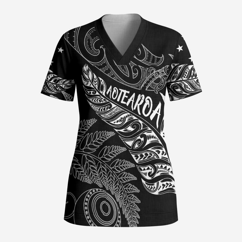 Aotearoa Personalized Lawn Bowls Maori Scrub Top New Zealand Black Tribal Silver Fern - Polynesian Pride