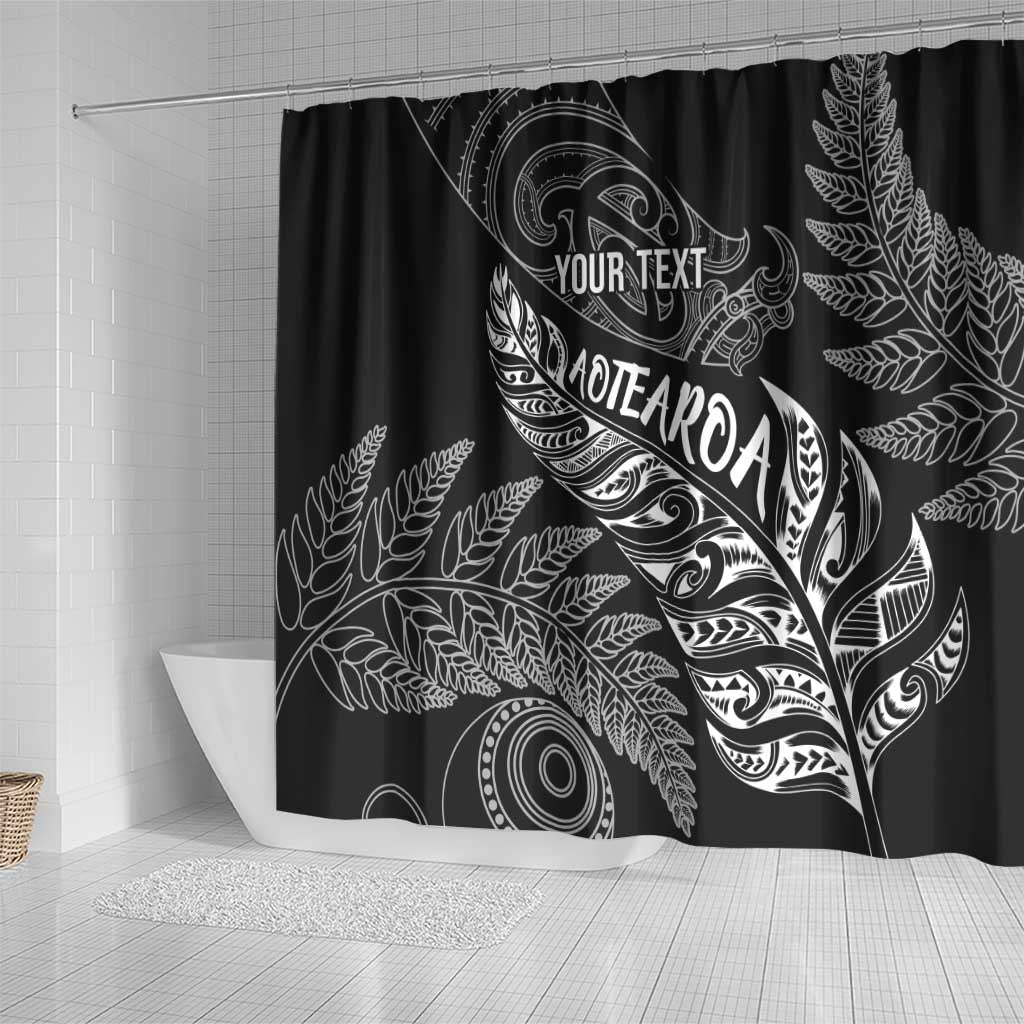 Aotearoa Personalized Lawn Bowls Maori Shower Curtain New Zealand Black Tribal Silver Fern - Polynesian Pride