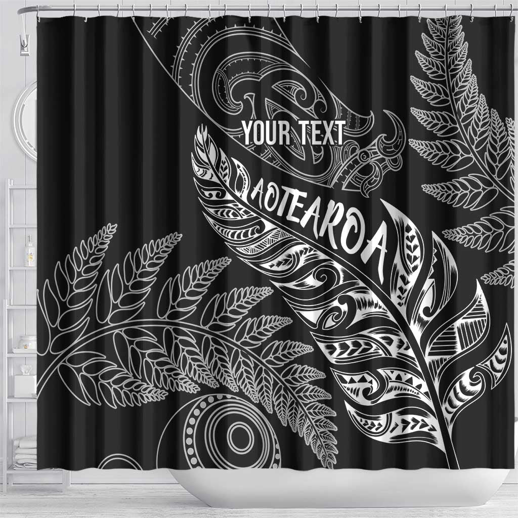 Aotearoa Personalized Lawn Bowls Maori Shower Curtain New Zealand Black Tribal Silver Fern - Polynesian Pride