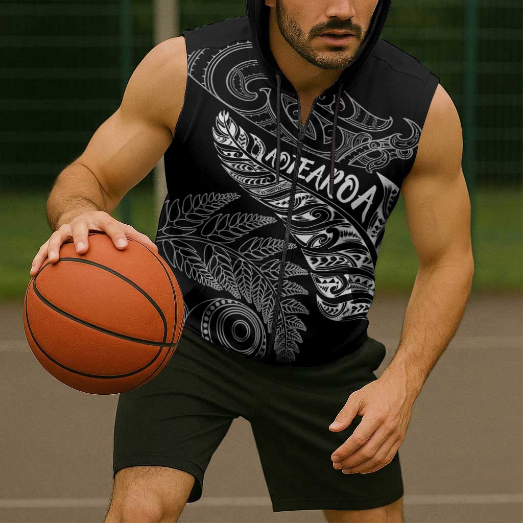 Aotearoa Personalized Lawn Bowls Maori Sleeveless Zip Hoodie New Zealand Black Tribal Silver Fern LT7