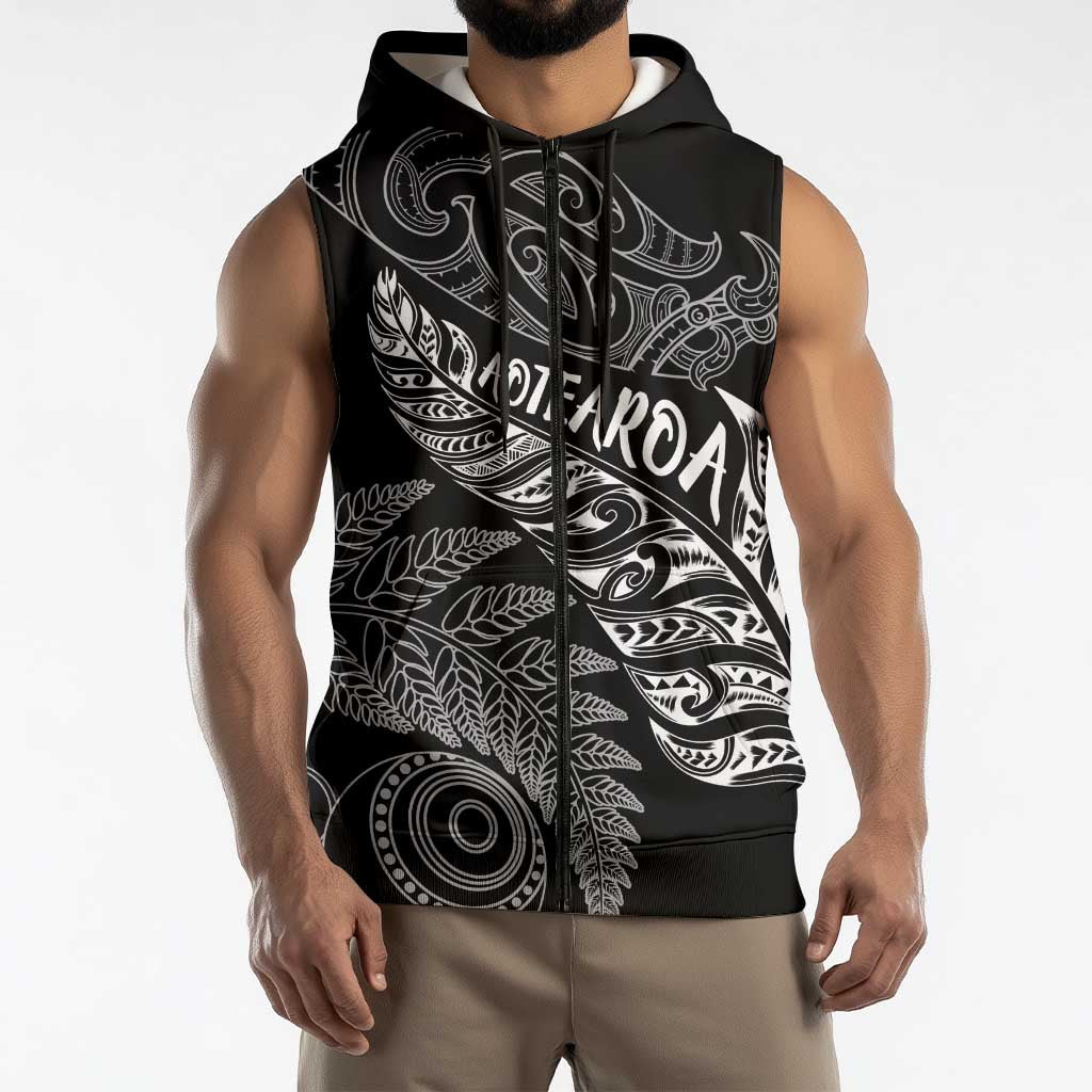 Aotearoa Personalized Lawn Bowls Maori Sleeveless Zip Hoodie New Zealand Black Tribal Silver Fern LT7