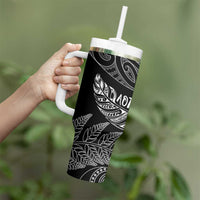 Aotearoa Personalized Lawn Bowls Maori Tumbler With Handle New Zealand Black Tribal Silver Fern - Polynesian Pride