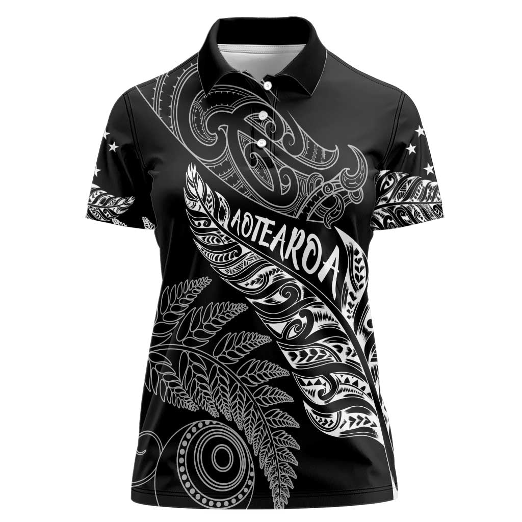 Aotearoa Personalized Lawn Bowls Maori Women Polo Shirt New Zealand Black Tribal Silver Fern - Polynesian Pride