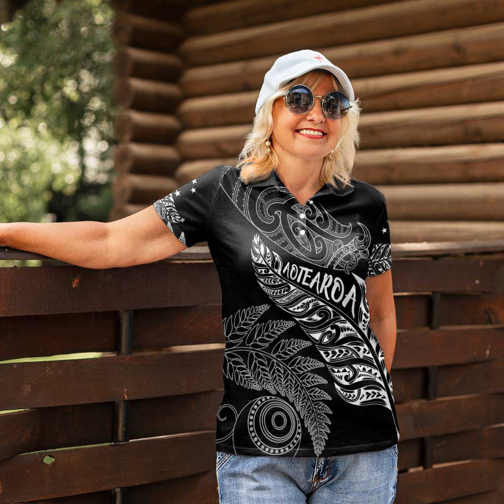 Aotearoa Personalized Lawn Bowls Maori Women Polo Shirt New Zealand Black Tribal Silver Fern - Polynesian Pride