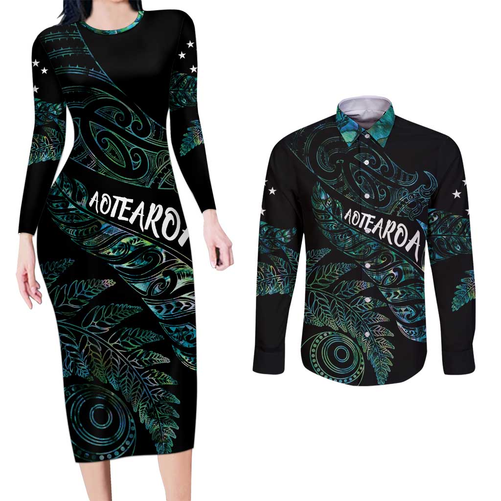 Aotearoa Personalized Lawn Bowls Maori Couples Matching Long Sleeve Bodycon Dress and Long Sleeve Button Shirt New Zealand Paua Shell Tribal Silver Fern - Polynesian Pride