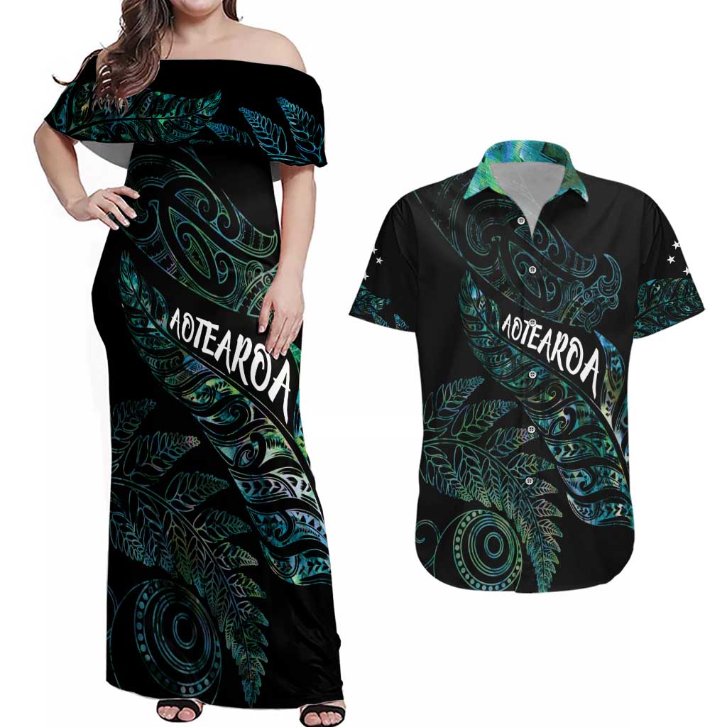 Aotearoa Personalized Lawn Bowls Maori Couples Matching Off Shoulder Maxi Dress and Hawaiian Shirt New Zealand Paua Shell Tribal Silver Fern - Polynesian Pride