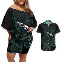 Aotearoa Personalized Lawn Bowls Maori Couples Matching Off Shoulder Short Dress and Hawaiian Shirt New Zealand Paua Shell Tribal Silver Fern - Polynesian Pride