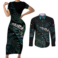 Aotearoa Personalized Lawn Bowls Maori Couples Matching Short Sleeve Bodycon Dress and Long Sleeve Button Shirt New Zealand Paua Shell Tribal Silver Fern - Polynesian Pride