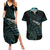 Aotearoa Personalized Lawn Bowls Maori Couples Matching Summer Maxi Dress and Hawaiian Shirt New Zealand Paua Shell Tribal Silver Fern - Polynesian Pride