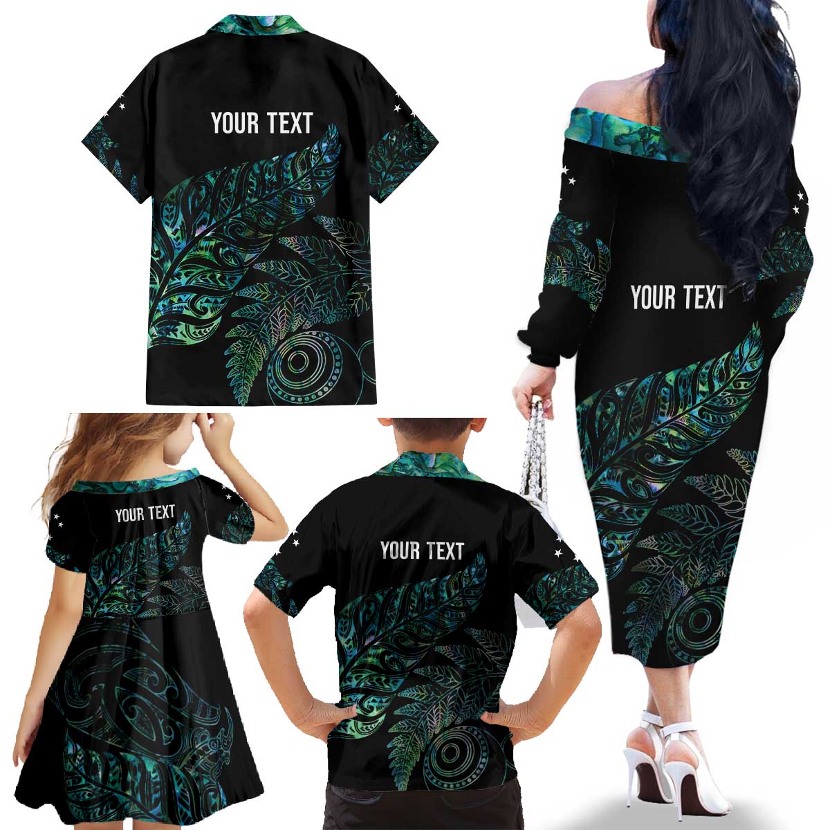 Aotearoa Personalized Lawn Bowls Maori Family Matching Off The Shoulder Long Sleeve Dress and Hawaiian Shirt New Zealand Paua Shell Tribal Silver Fern - Polynesian Pride