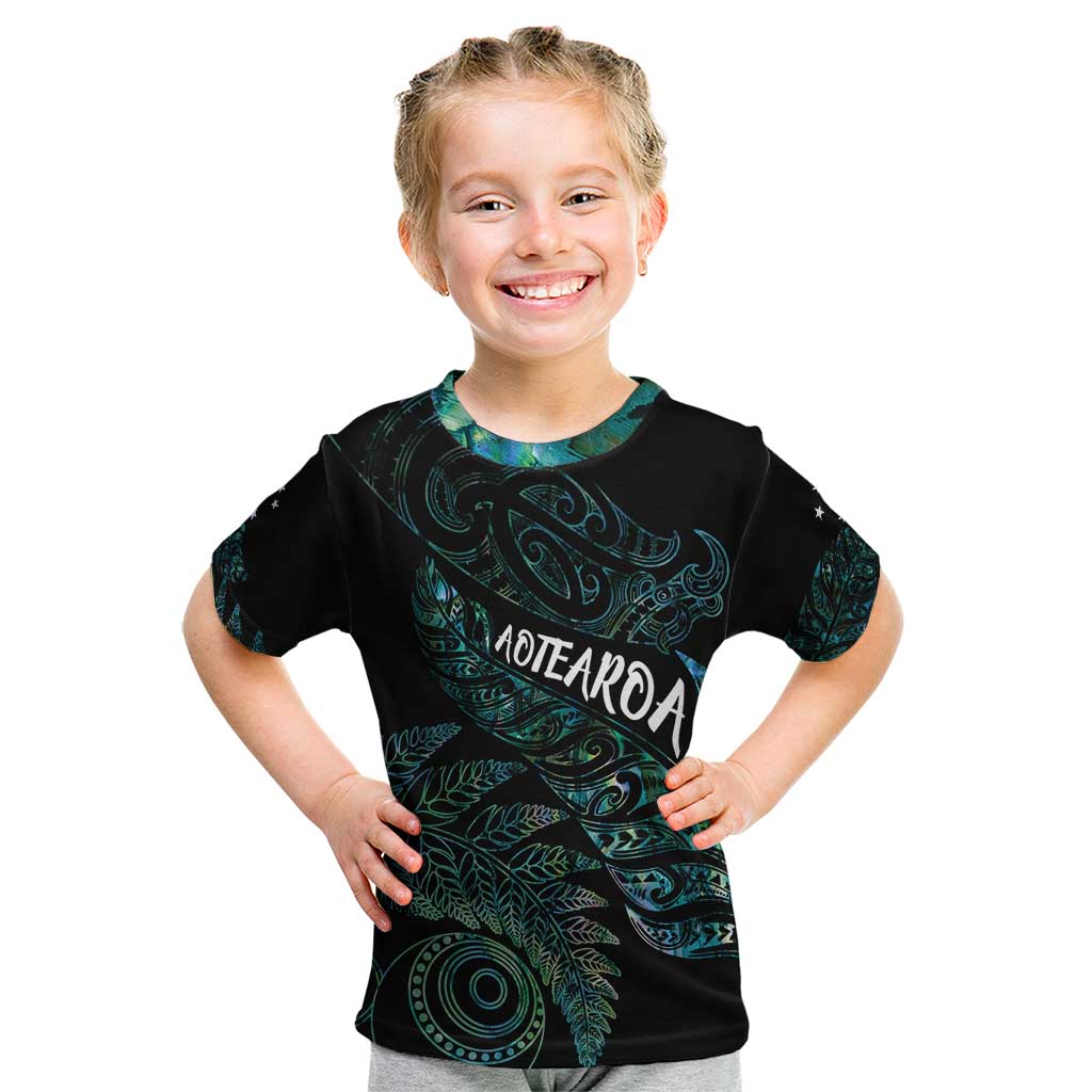 Aotearoa Personalized Lawn Bowls Maori Kid T Shirt New Zealand Paua Shell Tribal Silver Fern - Polynesian Pride