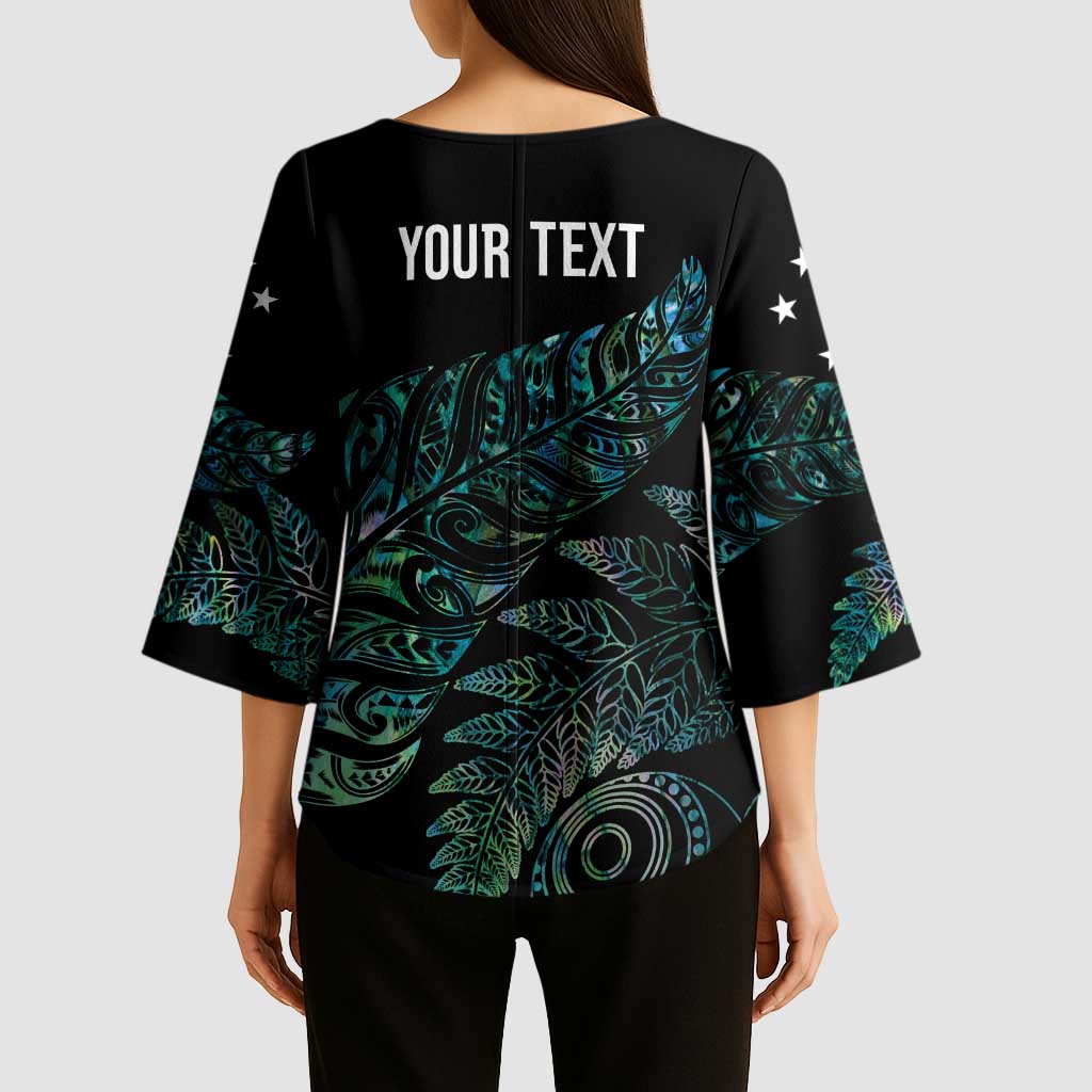 Aotearoa Personalized Lawn Bowls Maori Kimono Sleeve Blouse New Zealand Paua Shell Tribal Silver Fern - Polynesian Pride