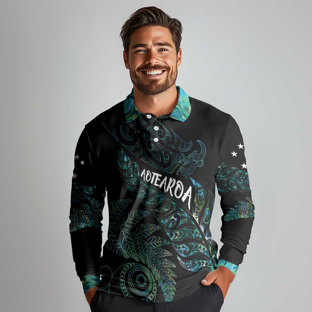 Aotearoa Personalized Lawn Bowls Maori Long Sleeve Polo Shirt New Zealand Paua Shell Tribal Silver Fern - Polynesian Pride