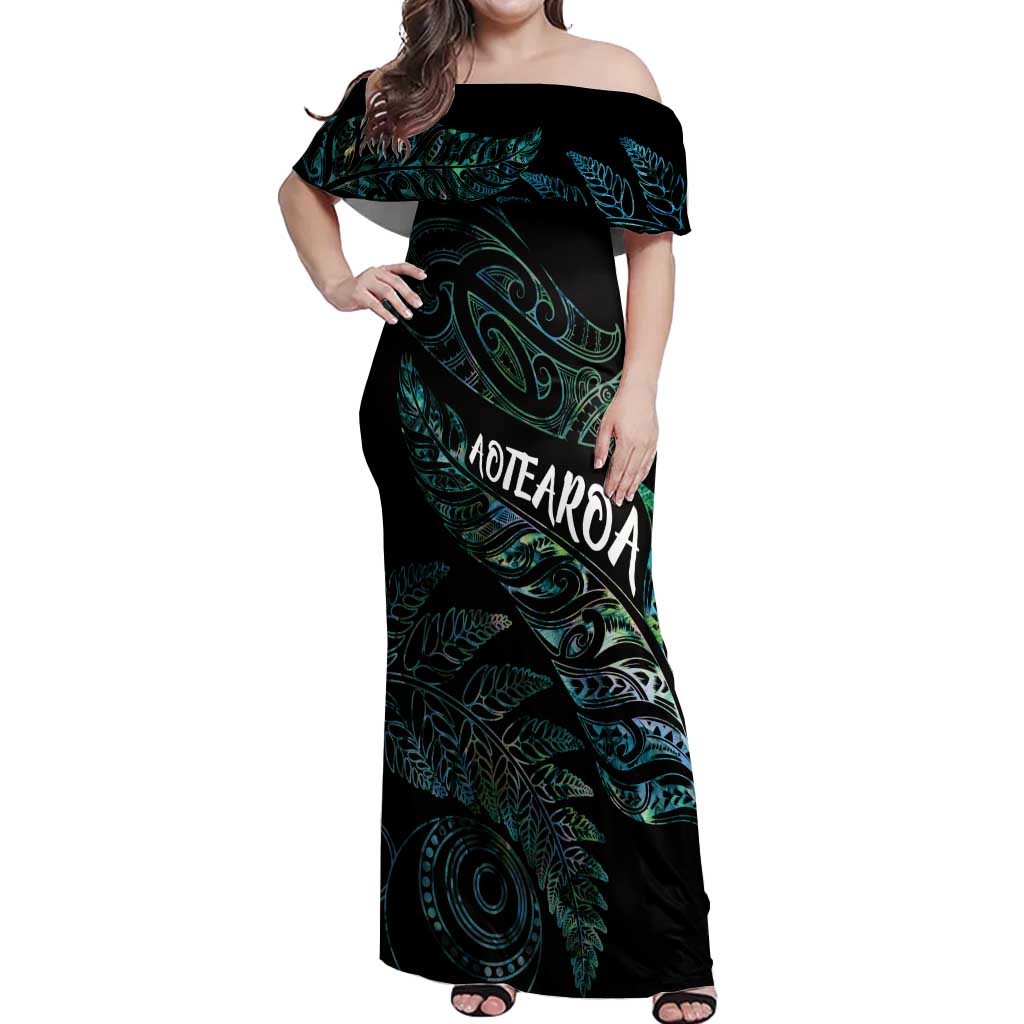 Aotearoa Personalized Lawn Bowls Maori Off Shoulder Maxi Dress New Zealand Paua Shell Tribal Silver Fern - Polynesian Pride