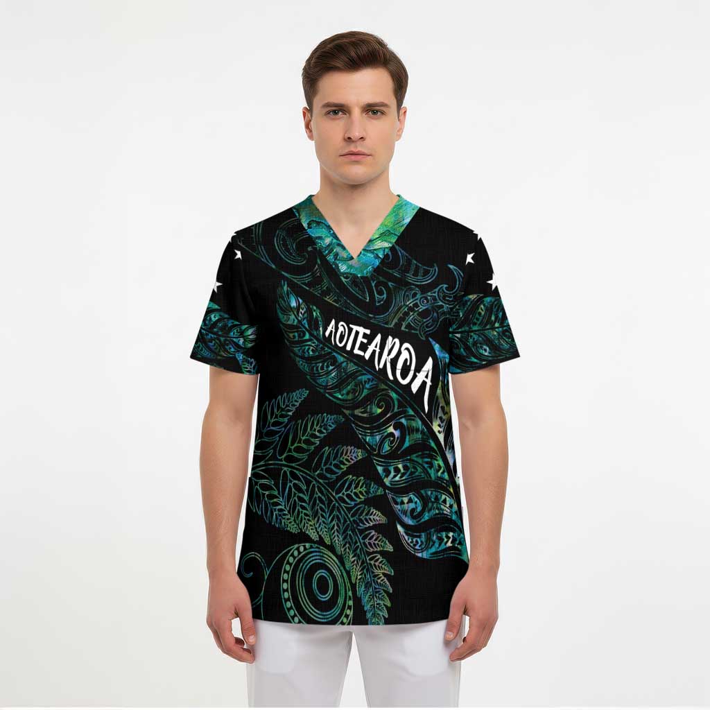 Aotearoa Personalized Lawn Bowls Maori Scrub Top New Zealand Paua Shell Tribal Silver Fern - Polynesian Pride