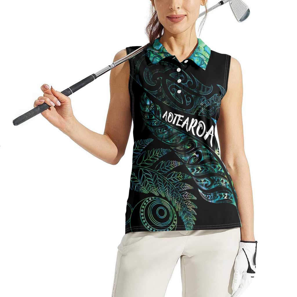 Aotearoa Personalized Lawn Bowls Maori Women Sleeveless Polo Shirt New Zealand Paua Shell Tribal Silver Fern - Polynesian Pride