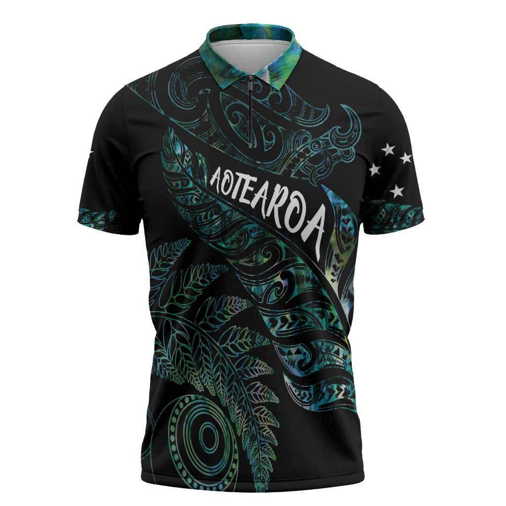 Aotearoa Personalized Lawn Bowls Maori Zipper Polo Shirt New Zealand Paua Shell Tribal Silver Fern - Polynesian Pride