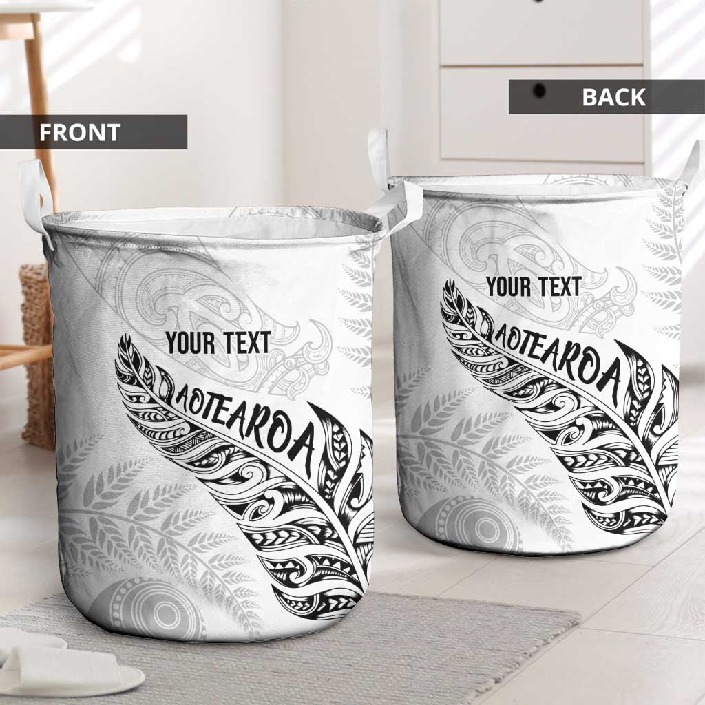 Aotearoa Personalized Lawn Bowls Maori Laundry Basket New Zealand White Tribal Silver Fern - Polynesian Pride