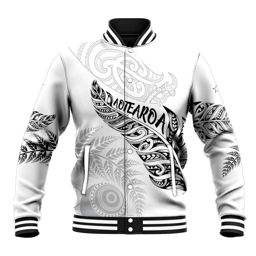 Aotearoa Personalized Lawn Bowls Maori Baseball Jacket New Zealand White Tribal Silver Fern - Polynesian Pride