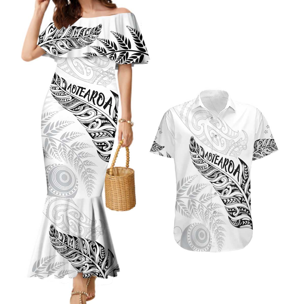 Aotearoa Personalized Lawn Bowls Maori Couples Matching Mermaid Dress and Hawaiian Shirt New Zealand White Tribal Silver Fern - Polynesian Pride