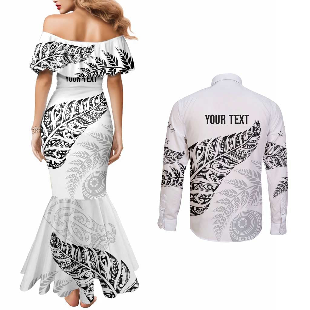 Aotearoa Personalized Lawn Bowls Maori Couples Matching Mermaid Dress and Long Sleeve Button Shirt New Zealand White Tribal Silver Fern - Polynesian Pride