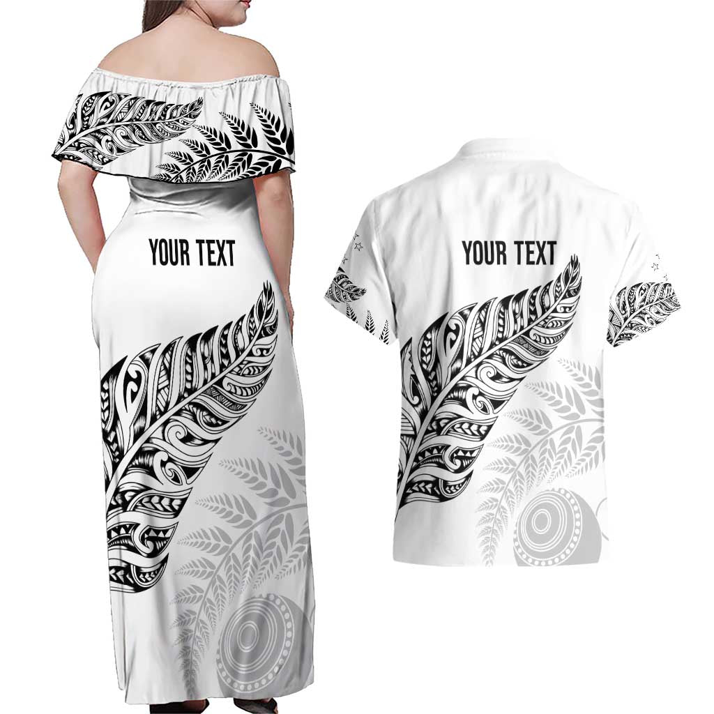Aotearoa Personalized Lawn Bowls Maori Couples Matching Off Shoulder Maxi Dress and Hawaiian Shirt New Zealand White Tribal Silver Fern - Polynesian Pride