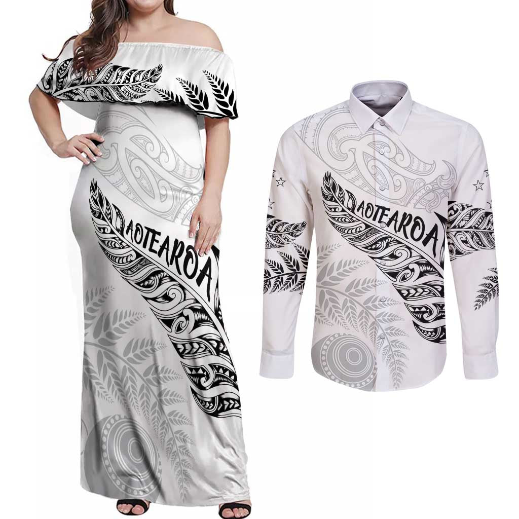 Aotearoa Personalized Lawn Bowls Maori Couples Matching Off Shoulder Maxi Dress and Long Sleeve Button Shirt New Zealand White Tribal Silver Fern - Polynesian Pride
