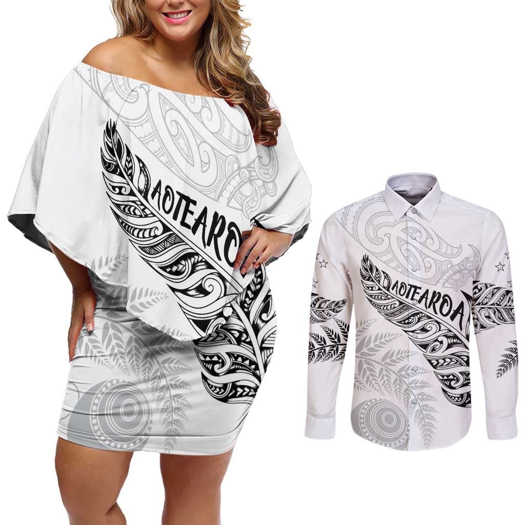 Aotearoa Personalized Lawn Bowls Maori Couples Matching Off Shoulder Short Dress and Long Sleeve Button Shirt New Zealand White Tribal Silver Fern - Polynesian Pride