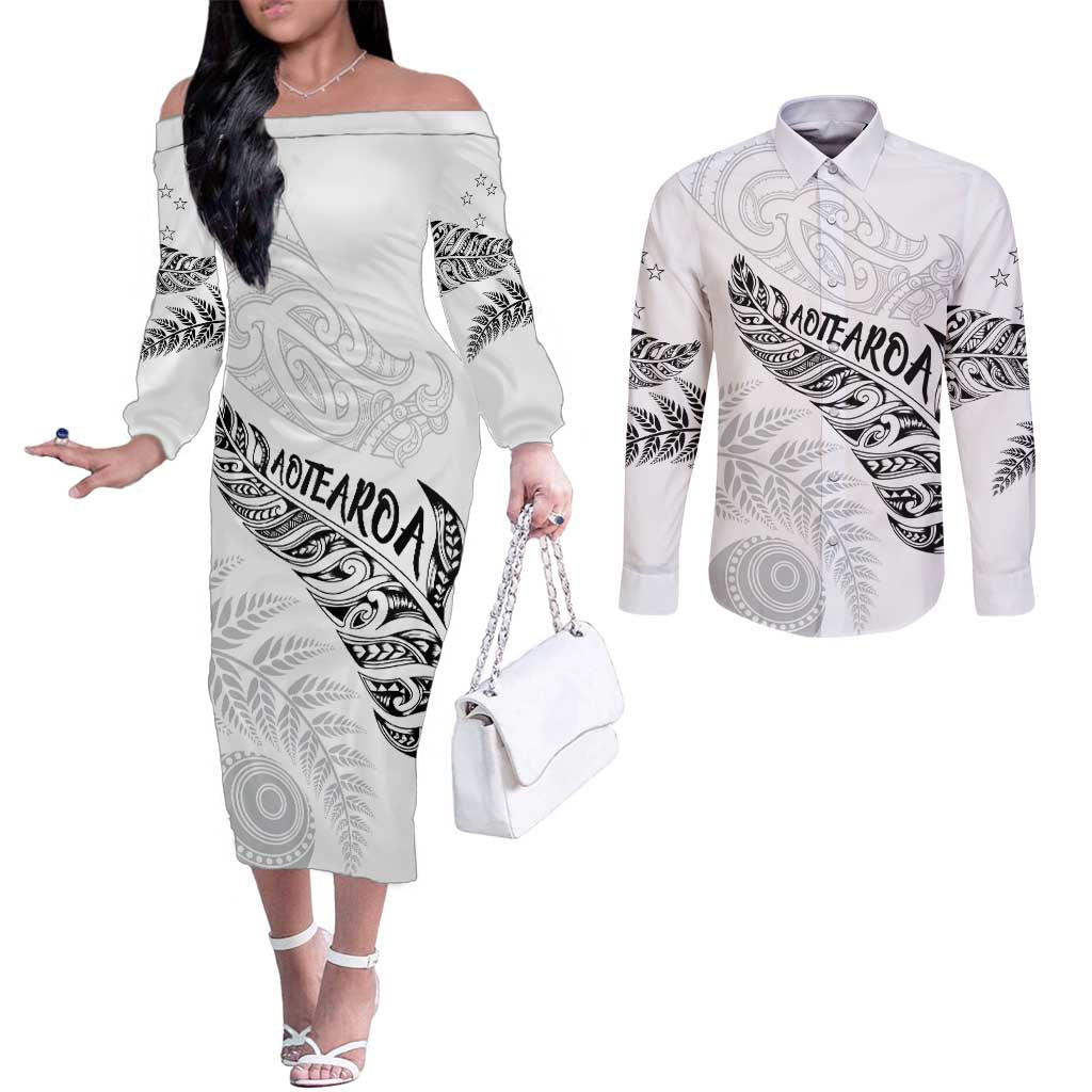 Aotearoa Personalized Lawn Bowls Maori Couples Matching Off The Shoulder Long Sleeve Dress and Long Sleeve Button Shirt New Zealand White Tribal Silver Fern - Polynesian Pride