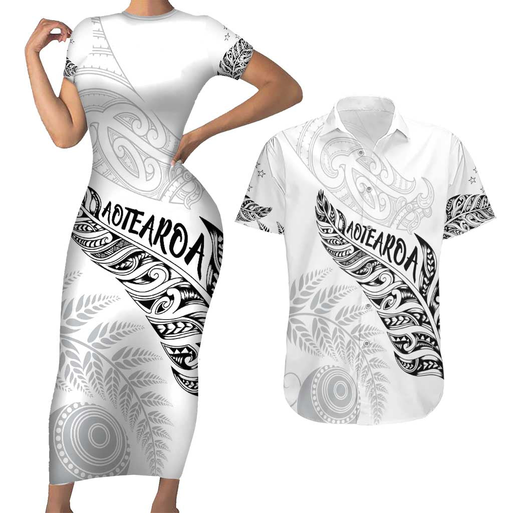 Aotearoa Personalized Lawn Bowls Maori Couples Matching Short Sleeve Bodycon Dress and Hawaiian Shirt New Zealand White Tribal Silver Fern - Polynesian Pride