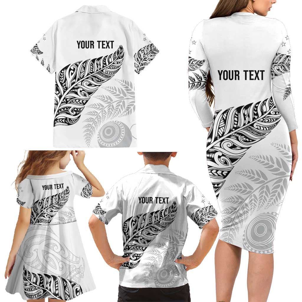Aotearoa Personalized Lawn Bowls Maori Family Matching Long Sleeve Bodycon Dress and Hawaiian Shirt New Zealand White Tribal Silver Fern - Polynesian Pride