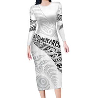 Aotearoa Personalized Lawn Bowls Maori Family Matching Long Sleeve Bodycon Dress and Hawaiian Shirt New Zealand White Tribal Silver Fern - Polynesian Pride