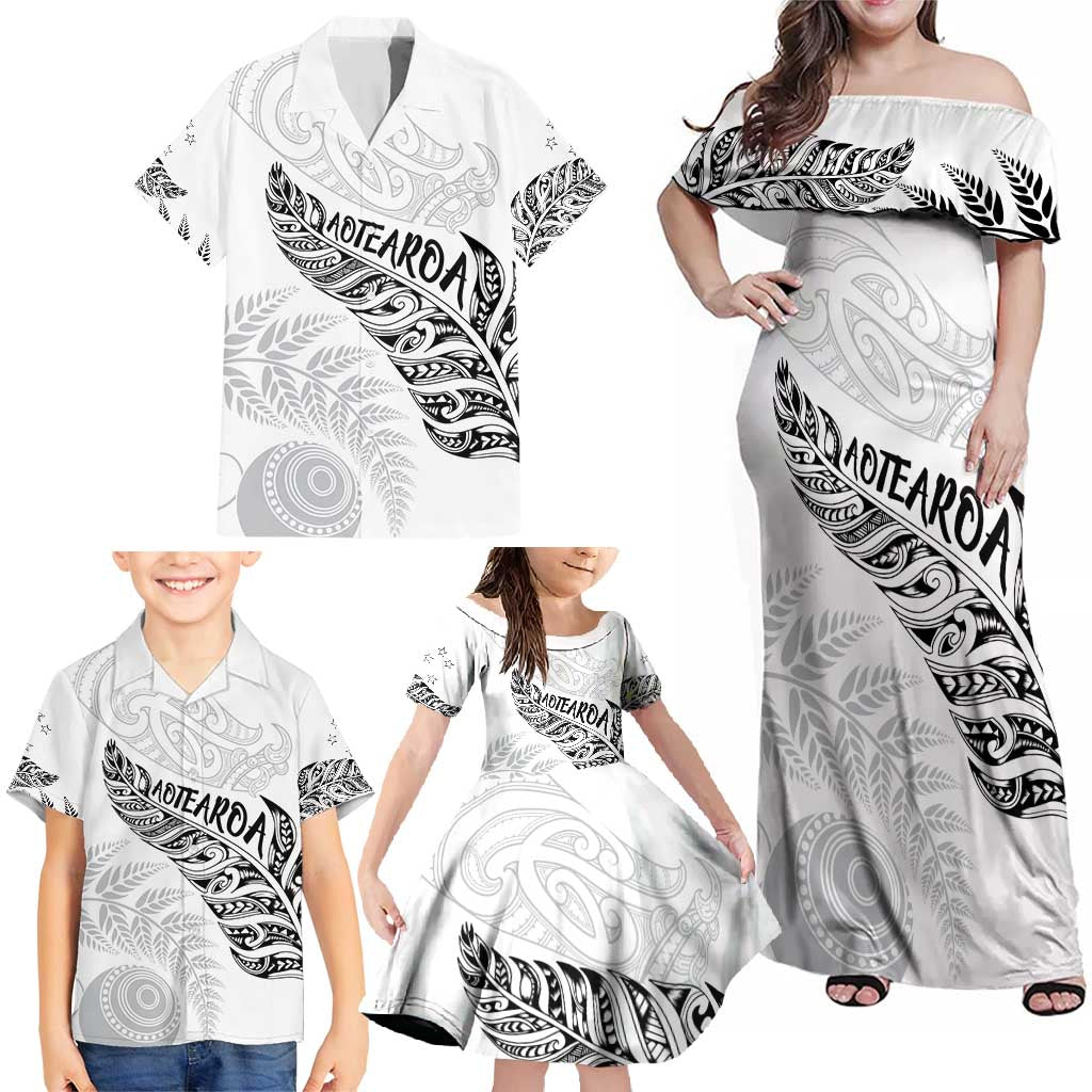 Aotearoa Personalized Lawn Bowls Maori Family Matching Off Shoulder Maxi Dress and Hawaiian Shirt New Zealand White Tribal Silver Fern - Polynesian Pride