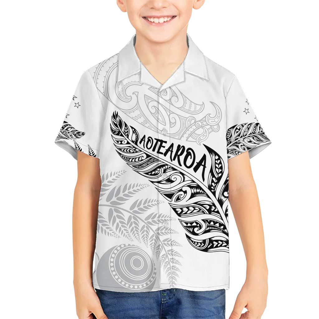 Aotearoa Personalized Lawn Bowls Maori Family Matching Off Shoulder Short Dress and Hawaiian Shirt New Zealand White Tribal Silver Fern - Polynesian Pride