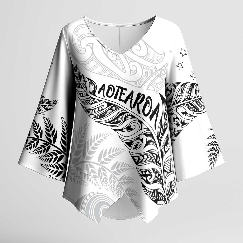Aotearoa Personalized Lawn Bowls Maori Kimono Sleeve Blouse New Zealand White Tribal Silver Fern - Polynesian Pride