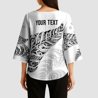 Aotearoa Personalized Lawn Bowls Maori Kimono Sleeve Blouse New Zealand White Tribal Silver Fern - Polynesian Pride