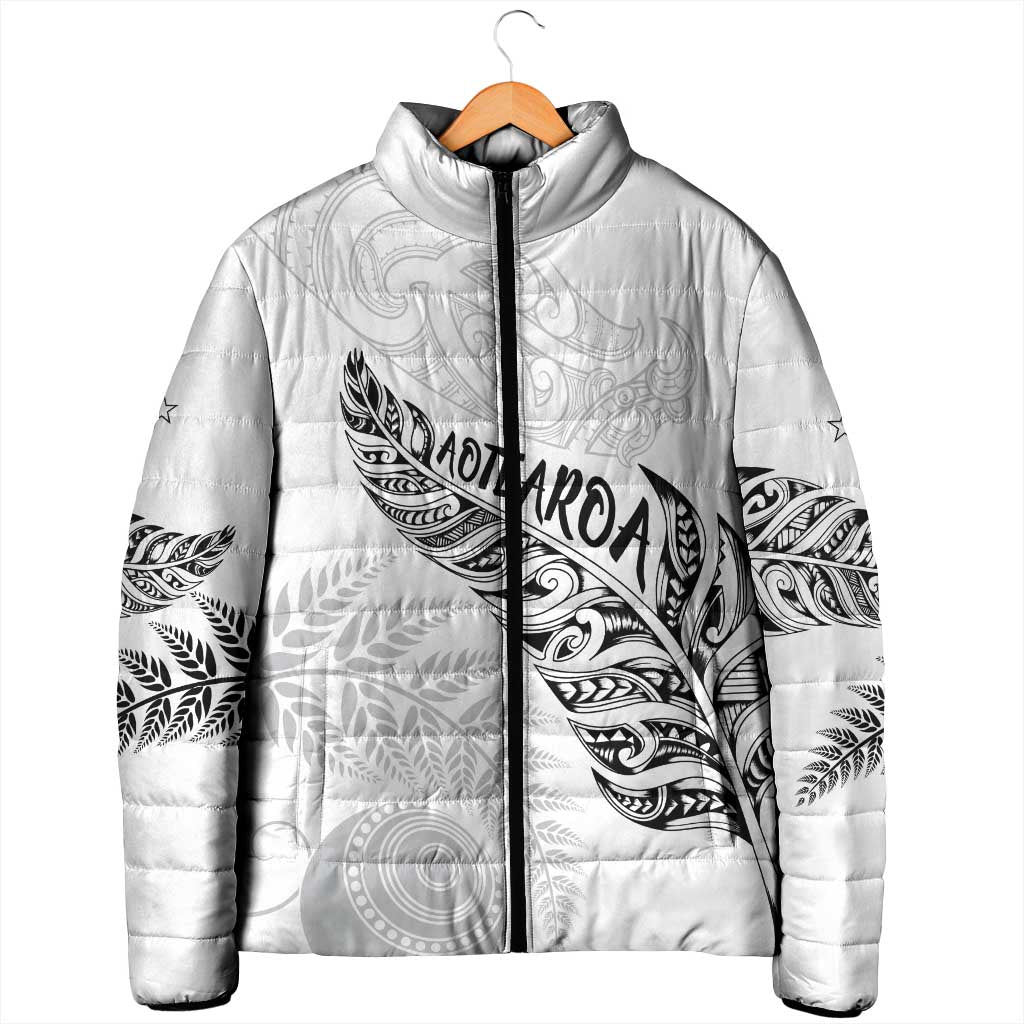 Aotearoa Personalized Lawn Bowls Maori Padded Jacket New Zealand White Tribal Silver Fern - Polynesian Pride