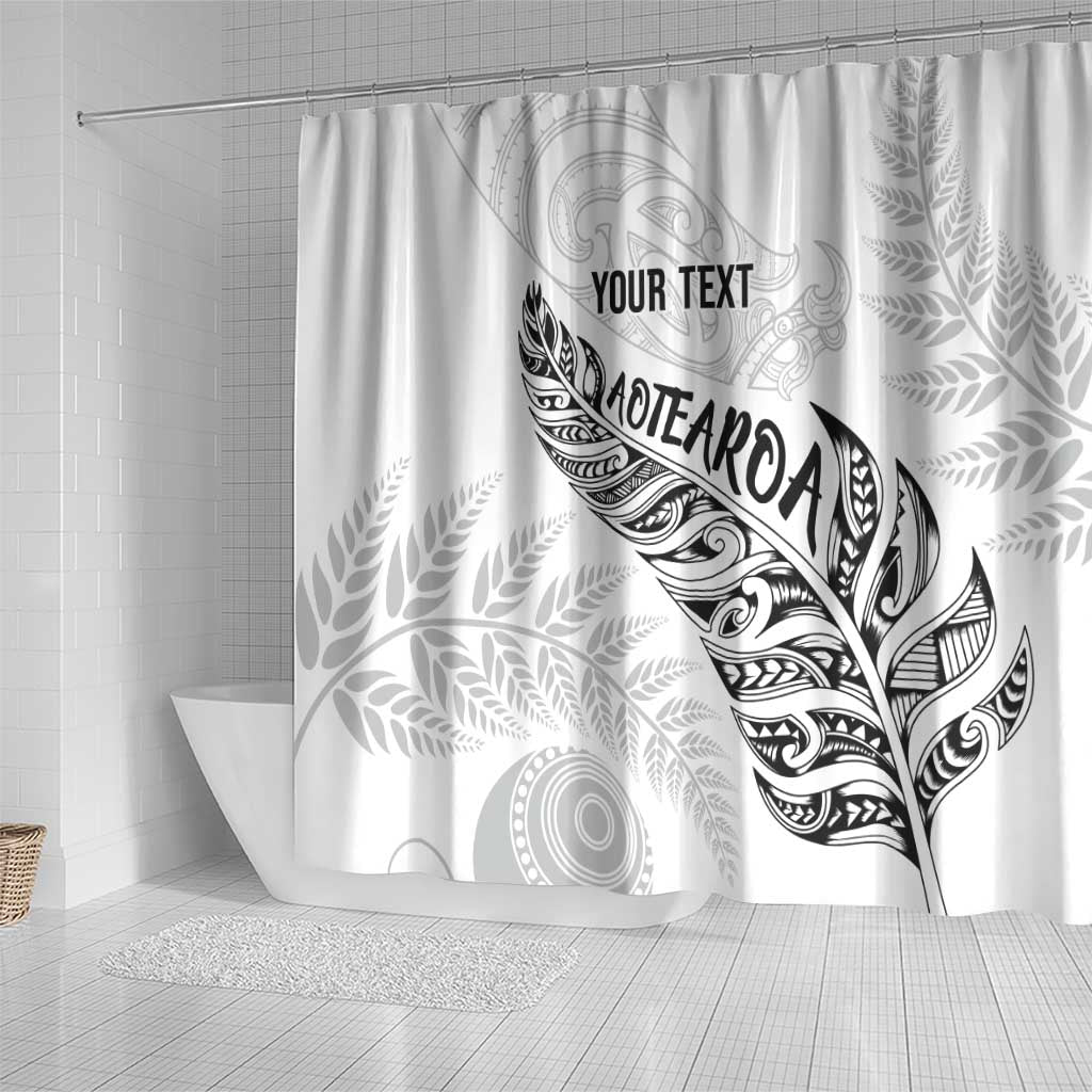 Aotearoa Personalized Lawn Bowls Maori Shower Curtain New Zealand White Tribal Silver Fern - Polynesian Pride