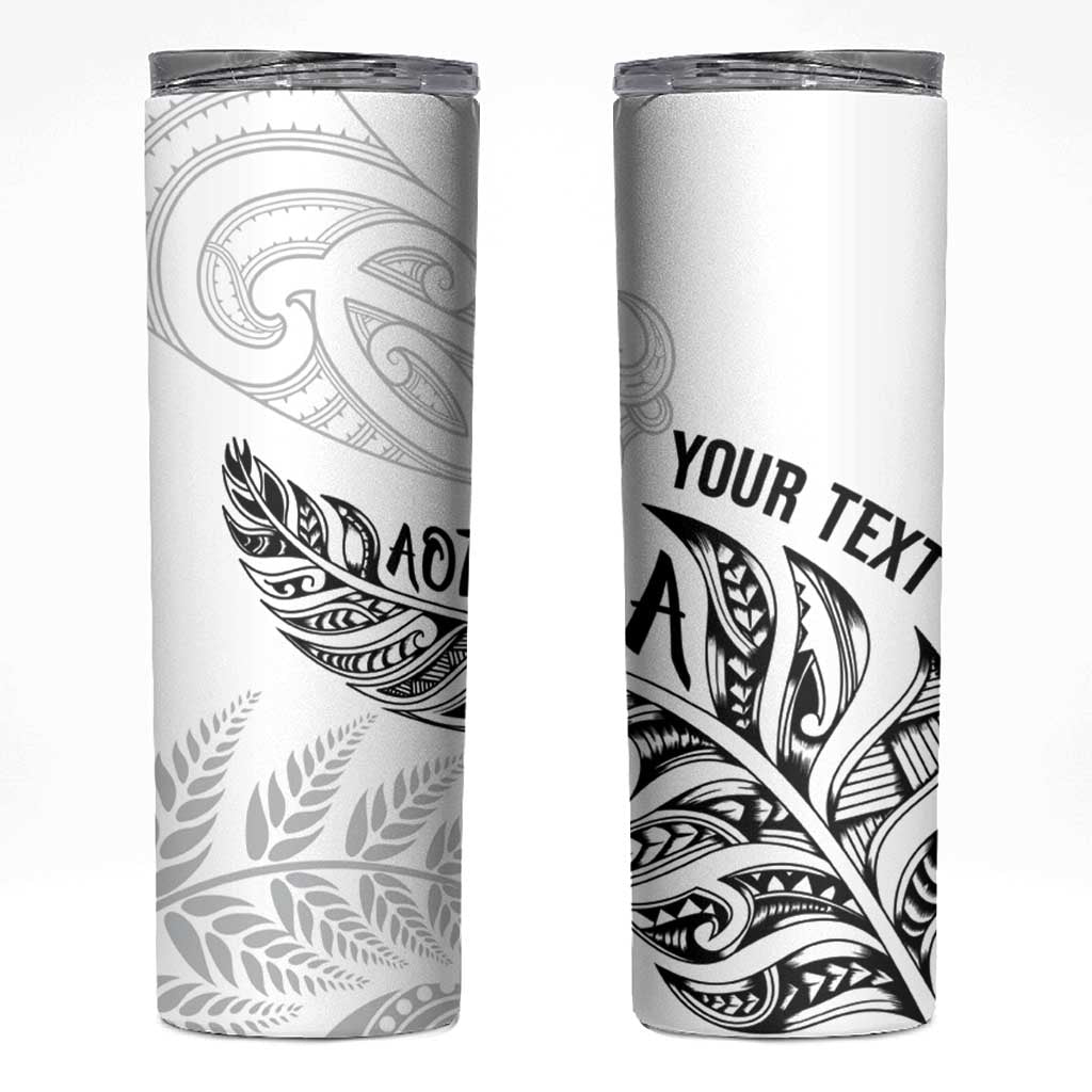 Aotearoa Personalized Lawn Bowls Maori Skinny Tumbler New Zealand White Tribal Silver Fern - Polynesian Pride