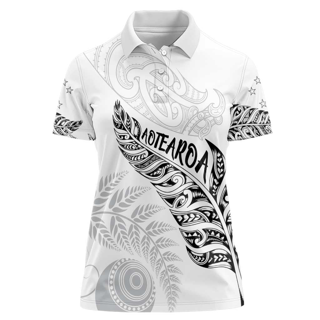 Aotearoa Personalized Lawn Bowls Maori Women Polo Shirt New Zealand White Tribal Silver Fern - Polynesian Pride