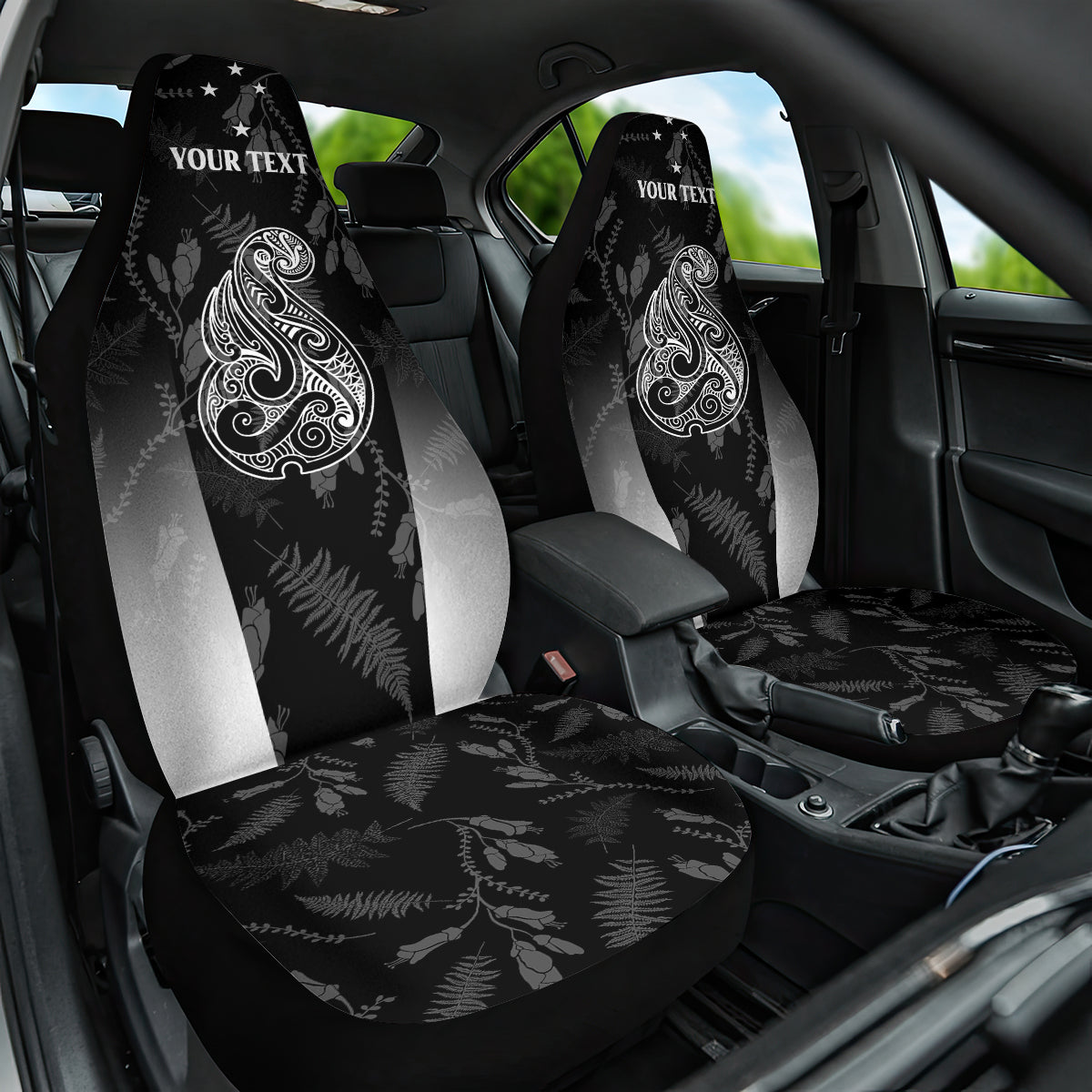 Personalised Maori Waitangi Car Seat Cover New Zealand Silver Fern Mix Kowhai Flowers LT7 One Size Black - Polynesian Pride